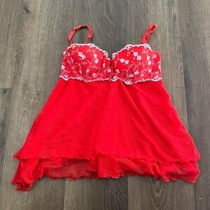Vintage Victorias Secret Red Floral Embroidered Babydoll Top